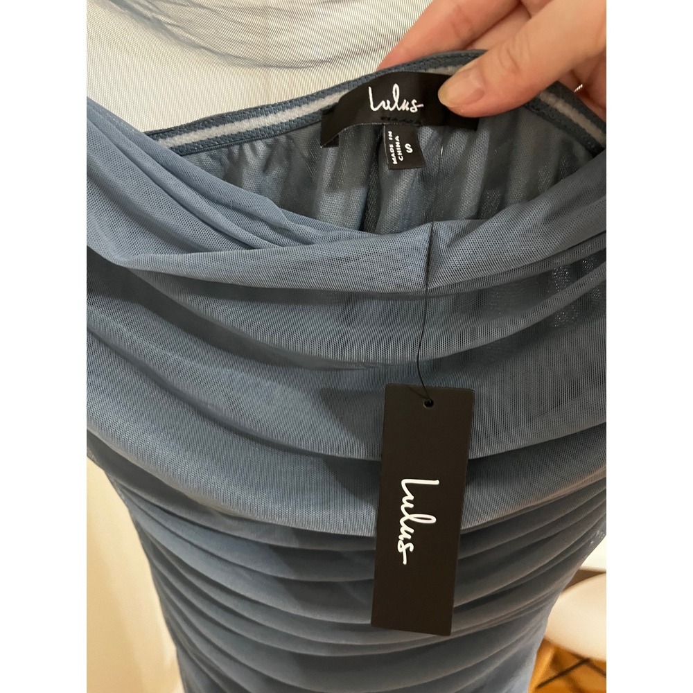 NWT Lulus Sunama Slate Blue Mesh Ruched Bodycon Midi Dress Small - Picture 8 of 11